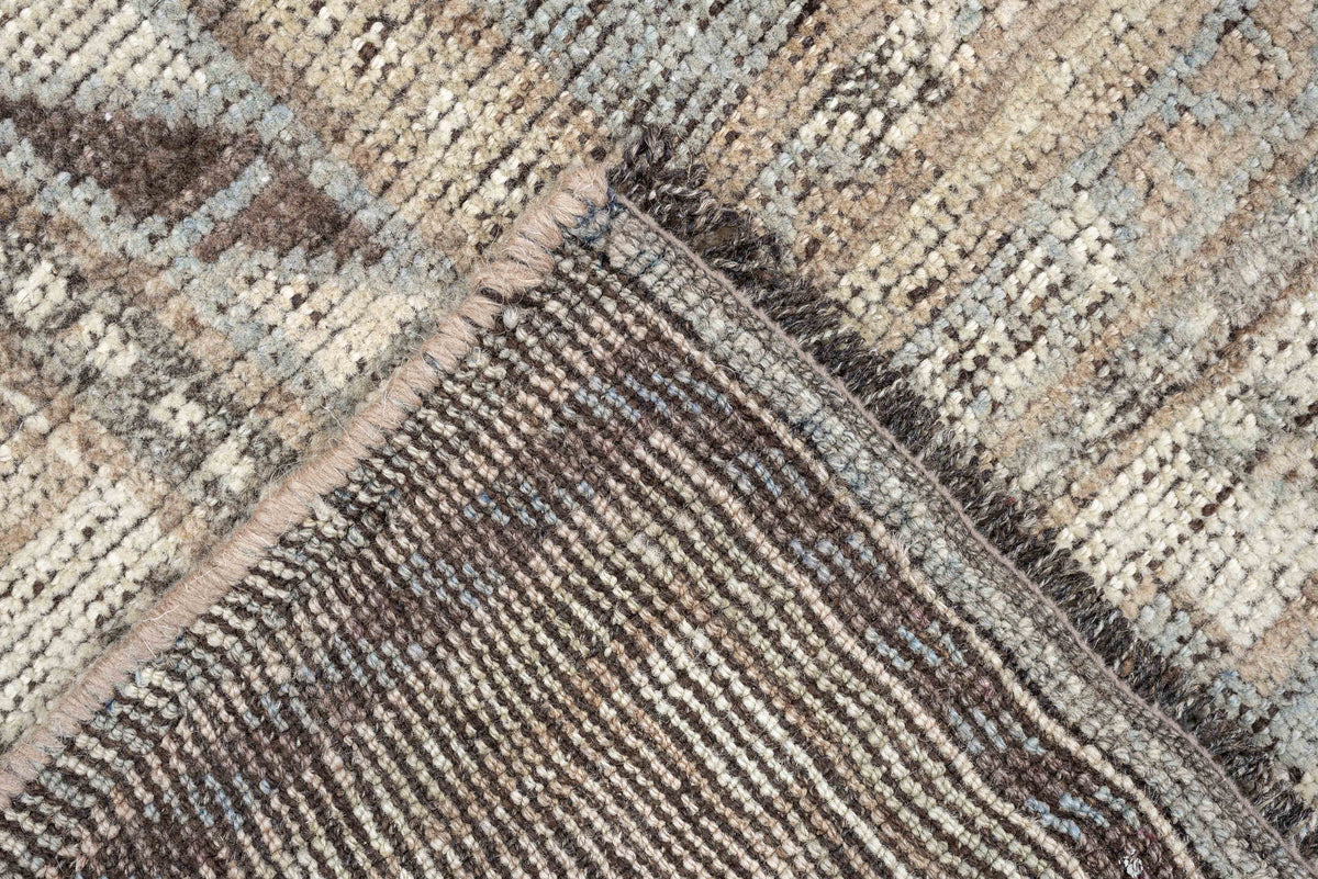4' x 6' one-of-a-kind handmade antique Shiraz rug. Color palette: taupe, ivory, blue gray, charcoal, brown, sage, beige
