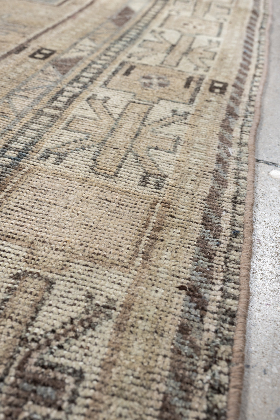 4' x 6' one-of-a-kind handmade antique Shiraz rug. Color palette: taupe, ivory, blue gray, charcoal, brown, sage, beige