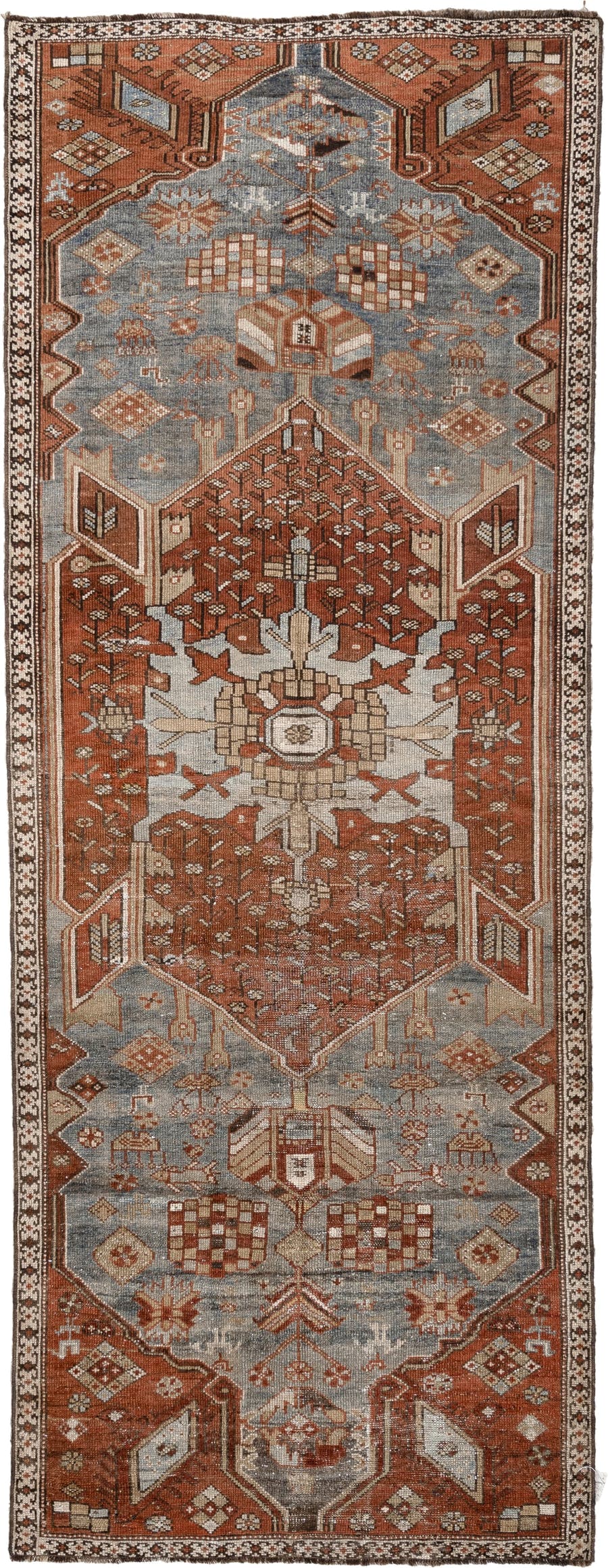 3' x 8' one-of-a-kind handmade antique Kurd runner rug. Color palette: rust, slate blue, ivory, terracotta, charcoal, taupe
