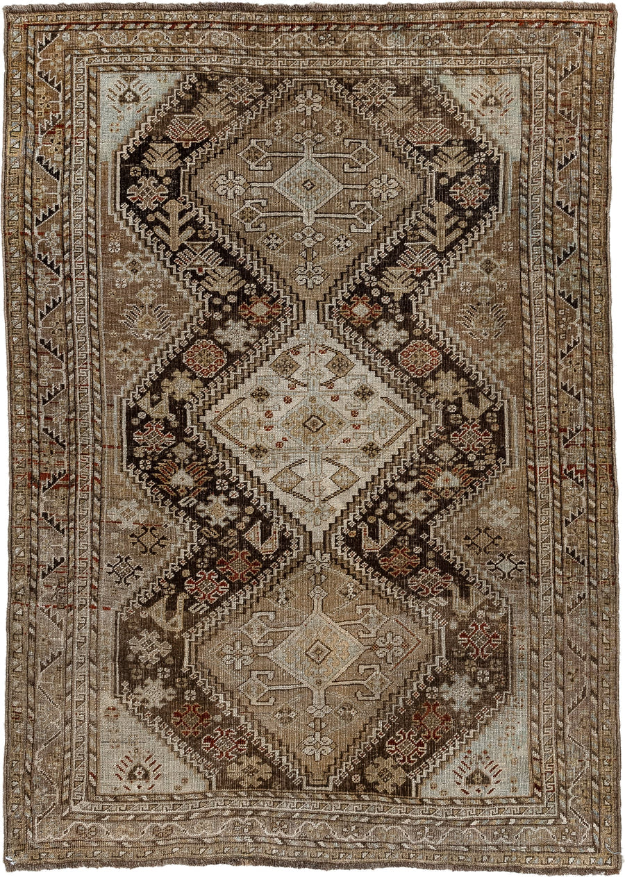 3' x 5' one-of-a-kind handmade antique Shiraz small size rug. Color palette: taupe, charcoal, ivory, camel, brown, rust