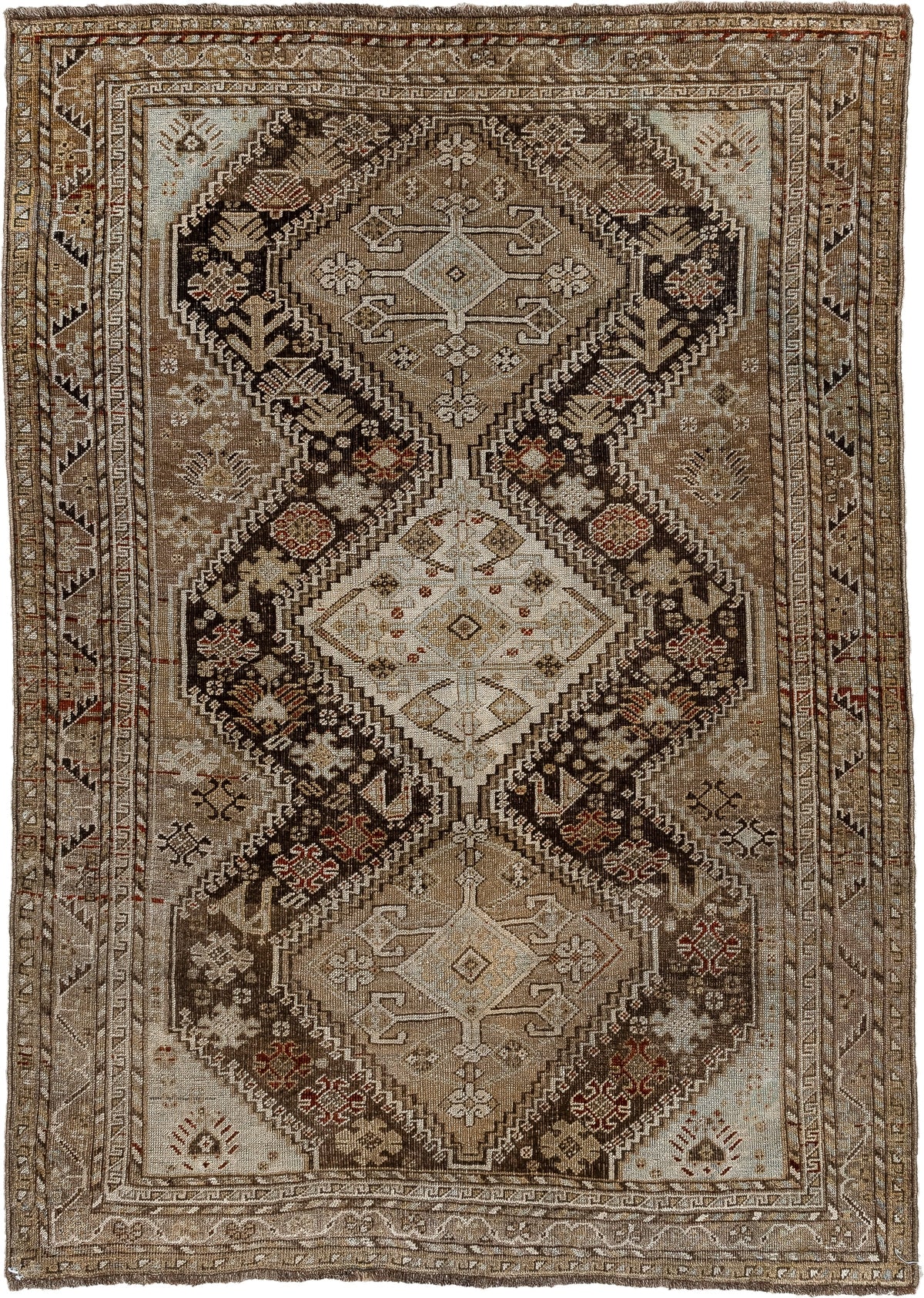 3' x 5' one-of-a-kind handmade antique Shiraz small size rug. Color palette: taupe, charcoal, ivory, camel, brown, rust