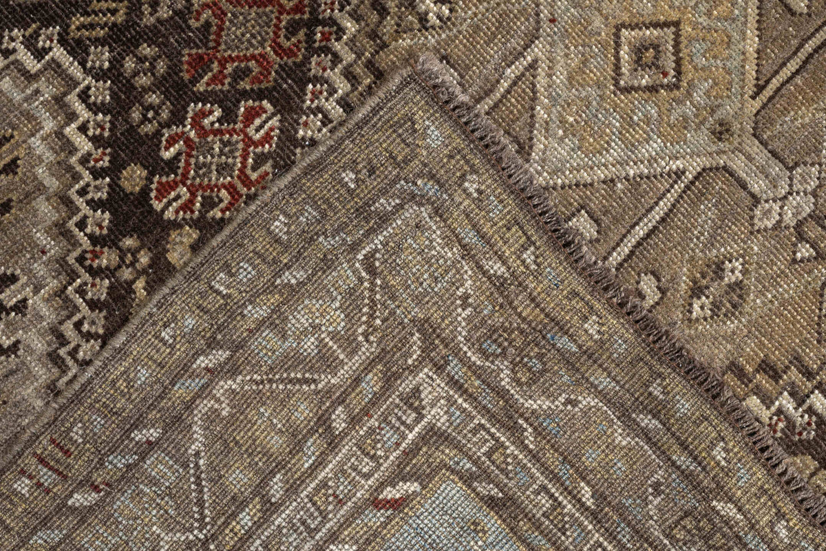 3' x 5' one-of-a-kind handmade antique Shiraz small size rug. Color palette: taupe, charcoal, ivory, camel, brown, rust