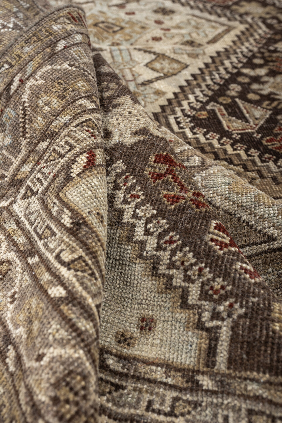 3' x 5' one-of-a-kind handmade antique Shiraz small size rug. Color palette: taupe, charcoal, ivory, camel, brown, rust