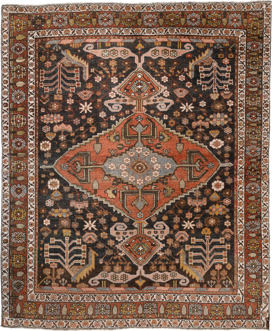 4' x 5' one-of-a-kind handmade antique Bakhshayesh rug. Color palette: charcoal, terracotta, ivory, rust, sage, gold