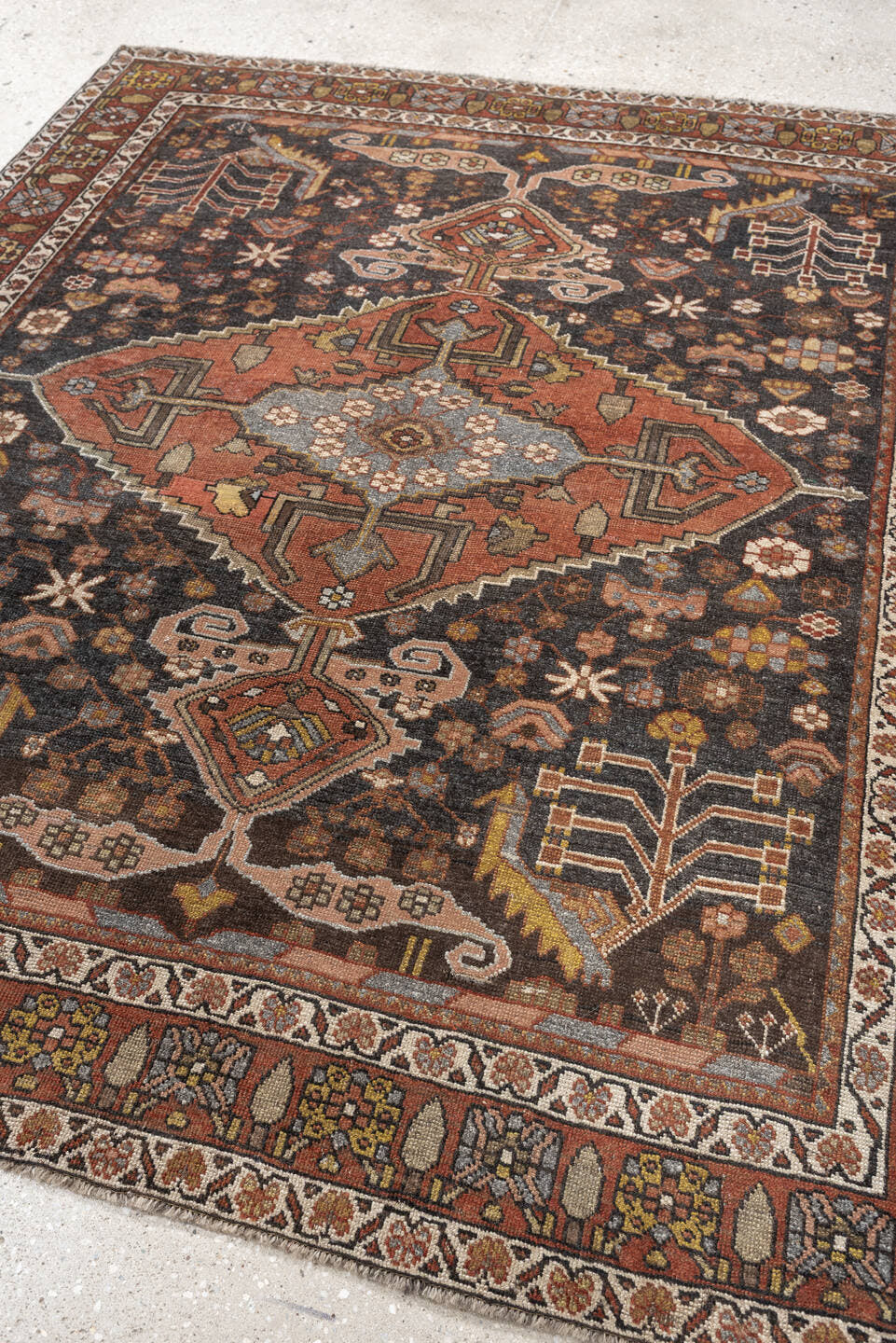 4' x 5' one-of-a-kind handmade antique Bakhshayesh rug. Color palette: charcoal, terracotta, ivory, rust, sage, gold