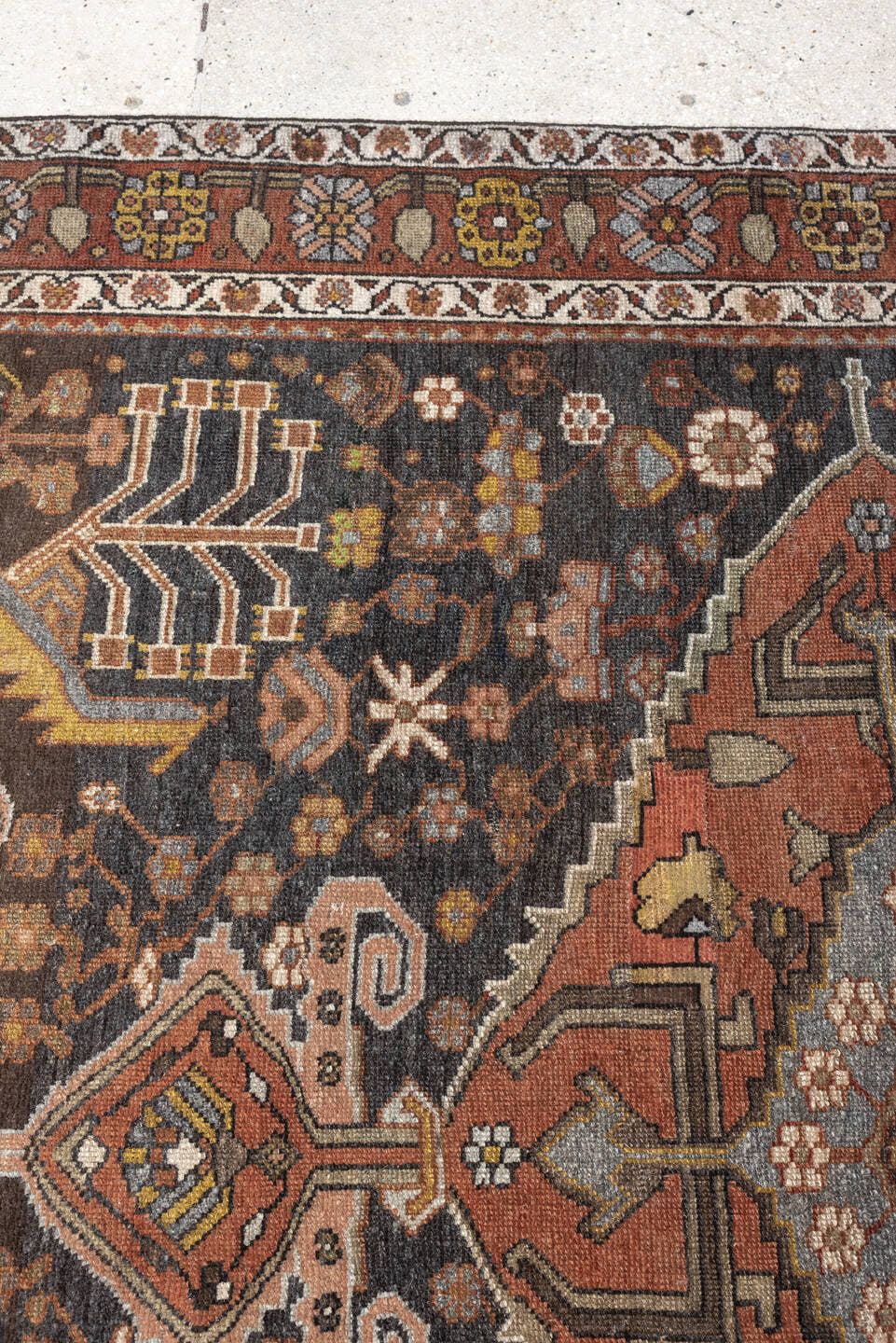 4' x 5' one-of-a-kind handmade antique Bakhshayesh rug. Color palette: charcoal, terracotta, ivory, rust, sage, gold