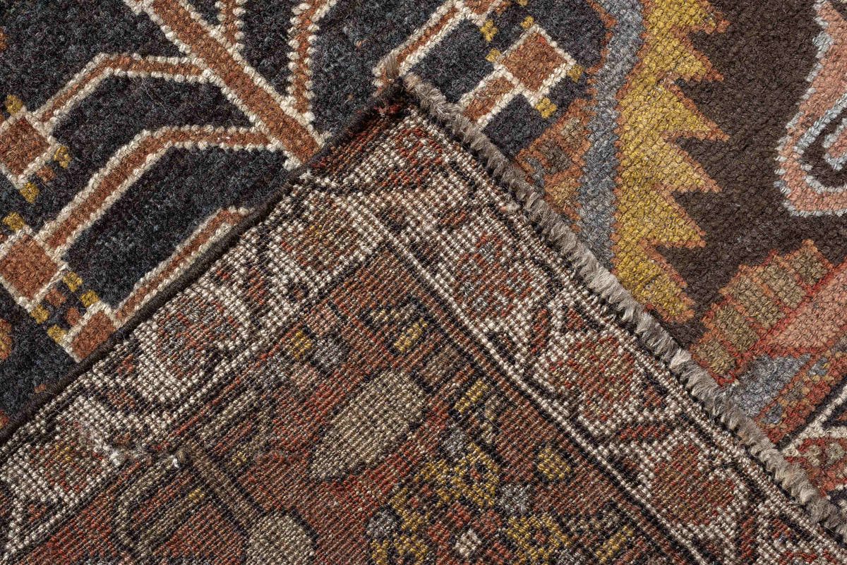 4' x 5' one-of-a-kind handmade antique Bakhshayesh rug. Color palette: charcoal, terracotta, ivory, rust, sage, gold