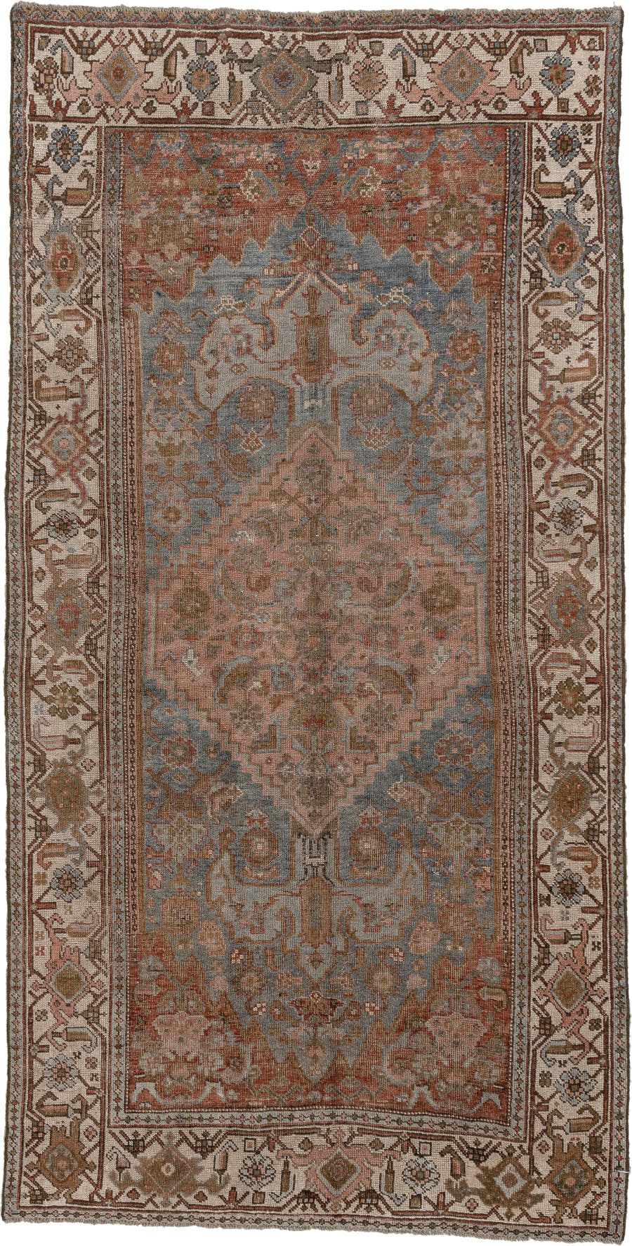 3' x 7' one-of-a-kind handmade antique Bidjar rug. Color palette: slate blue, terracotta, ivory, rust, taupe, brown