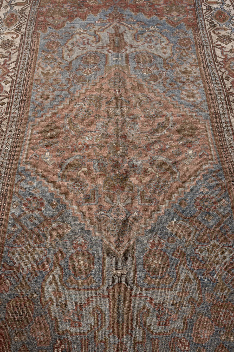 3' x 7' one-of-a-kind handmade antique Bidjar rug. Color palette: slate blue, terracotta, ivory, rust, taupe, brown
