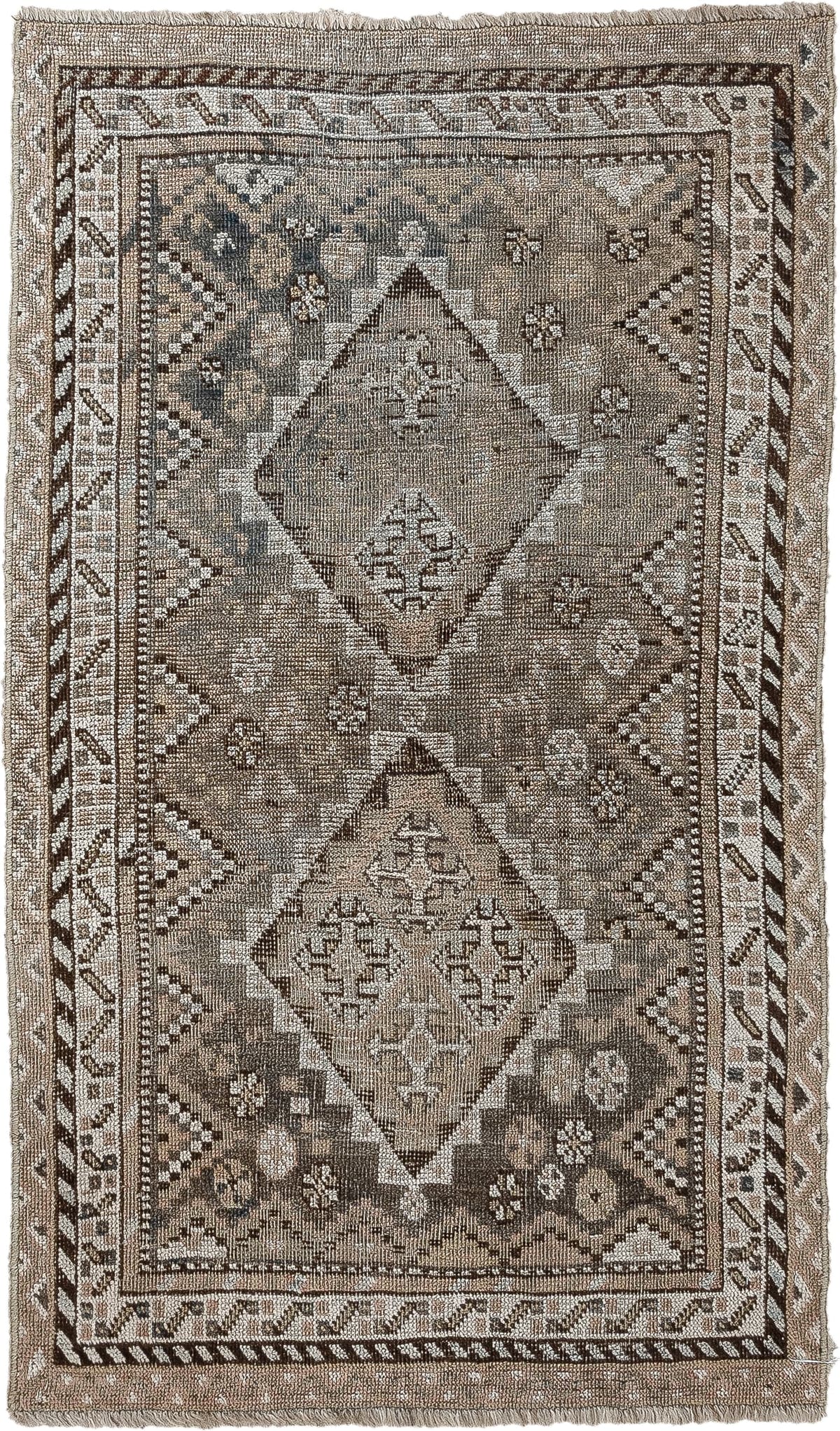2' x 3' one-of-a-kind handmade antique Shiraz small size rug. Color palette: taupe, ivory, charcoal, brown, camel, slate