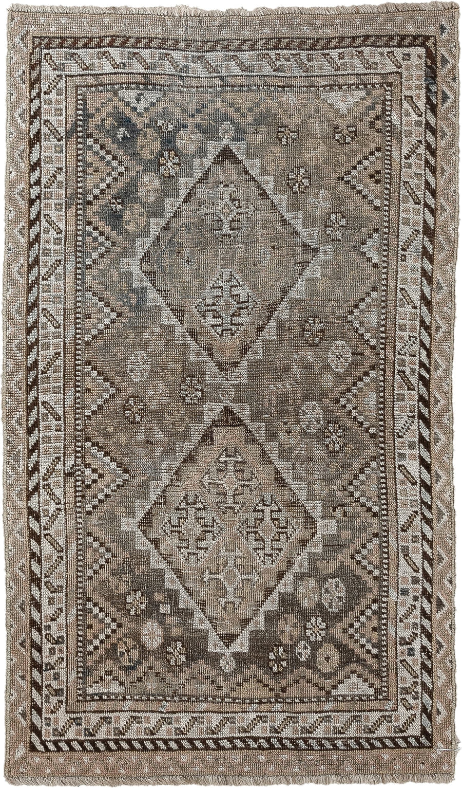 2' x 3' one-of-a-kind handmade antique Shiraz small size rug. Color palette: taupe, ivory, charcoal, brown, camel, slate