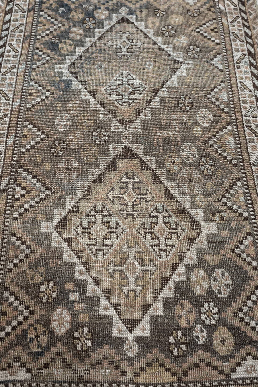 2' x 3' one-of-a-kind handmade antique Shiraz small size rug. Color palette: taupe, ivory, charcoal, brown, camel, slate