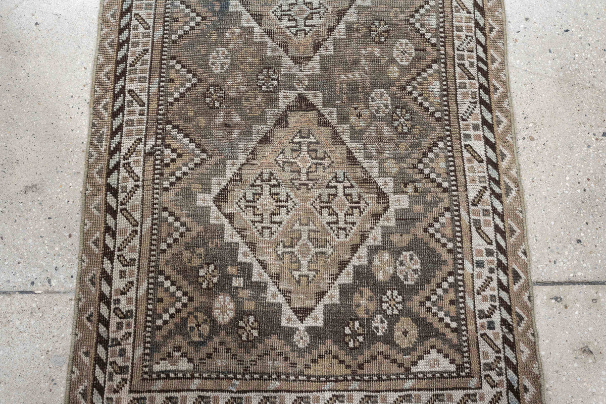 2' x 3' one-of-a-kind handmade antique Shiraz small size rug. Color palette: taupe, ivory, charcoal, brown, camel, slate
