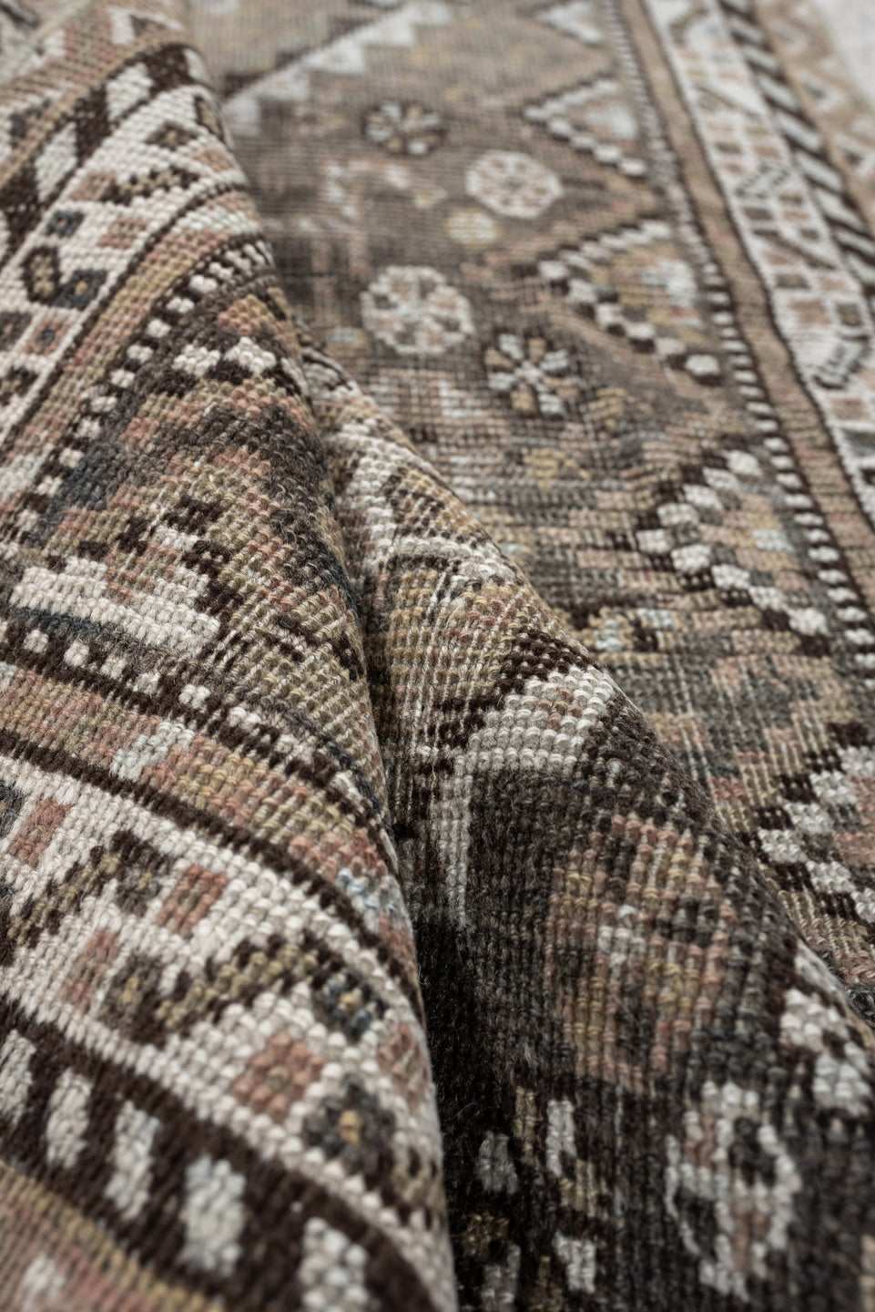2' x 3' one-of-a-kind handmade antique Shiraz small size rug. Color palette: taupe, ivory, charcoal, brown, camel, slate