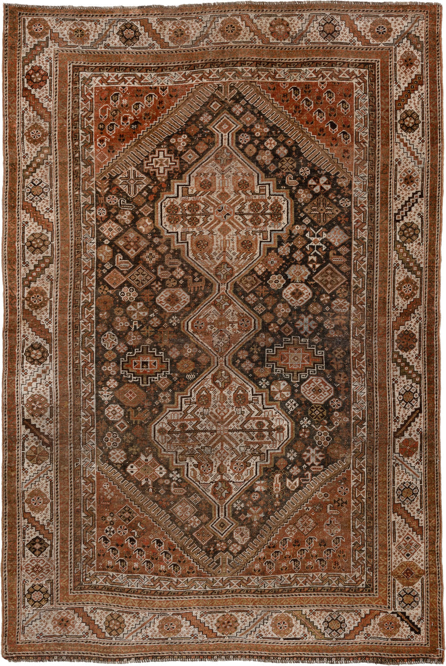 4' x 6' one-of-a-kind handmade antique Shiraz rug. Color palette: brown, rust, ivory, terracotta, charcoal, camel, sage