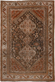 4' x 6' one-of-a-kind handmade antique Shiraz rug. Color palette: brown, rust, ivory, terracotta, charcoal, camel, sage