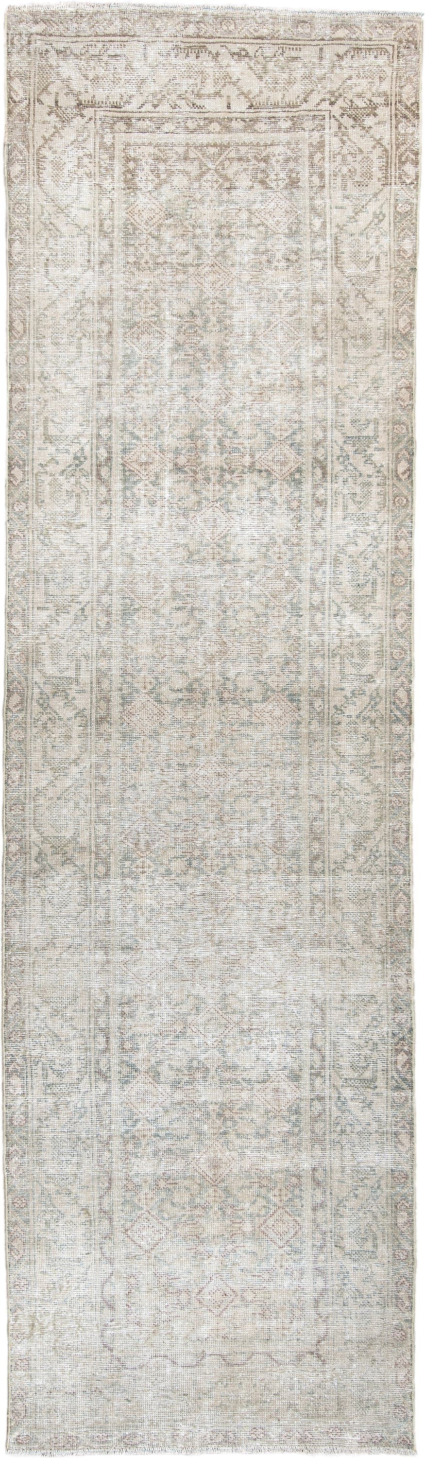 3' x 10' one-of-a-kind handmade antique Mahal runner rug. Color palette: ivory, blue gray, taupe, beige, pale sage, blush