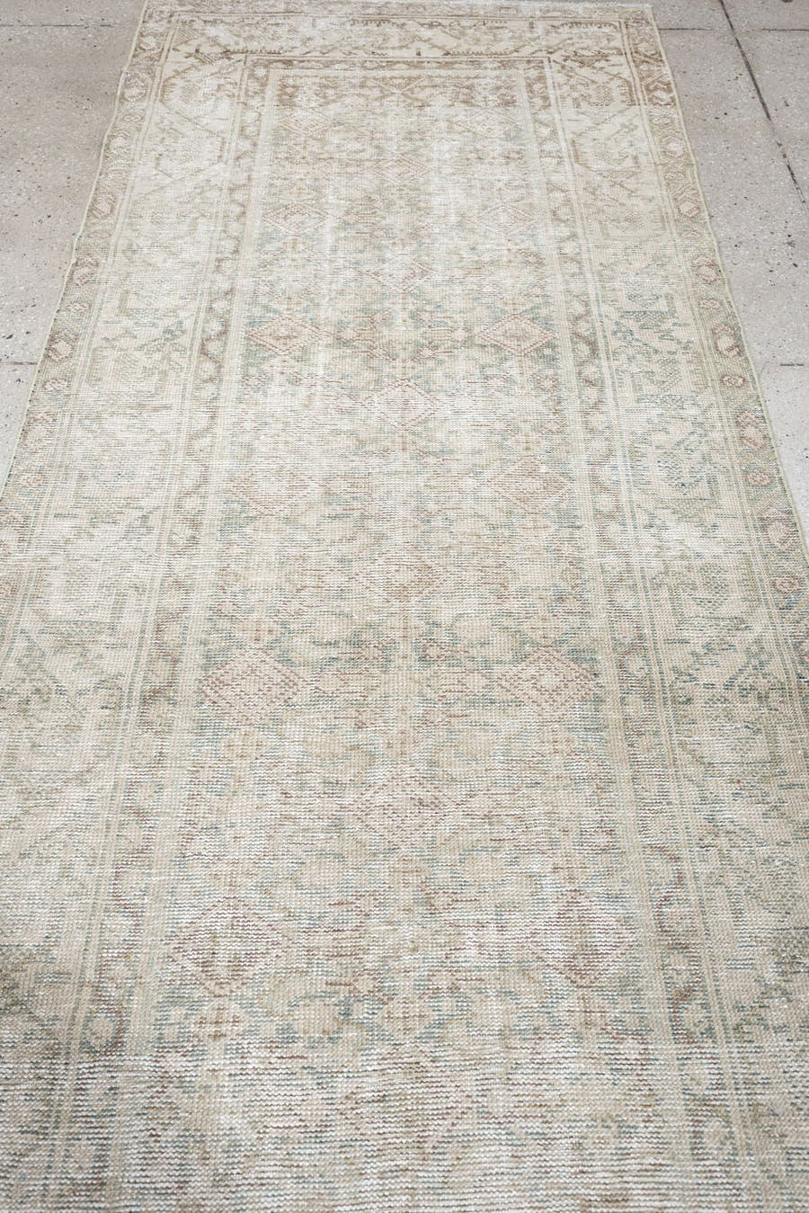 3' x 10' one-of-a-kind handmade antique Mahal runner rug. Color palette: ivory, blue gray, taupe, beige, pale sage, blush