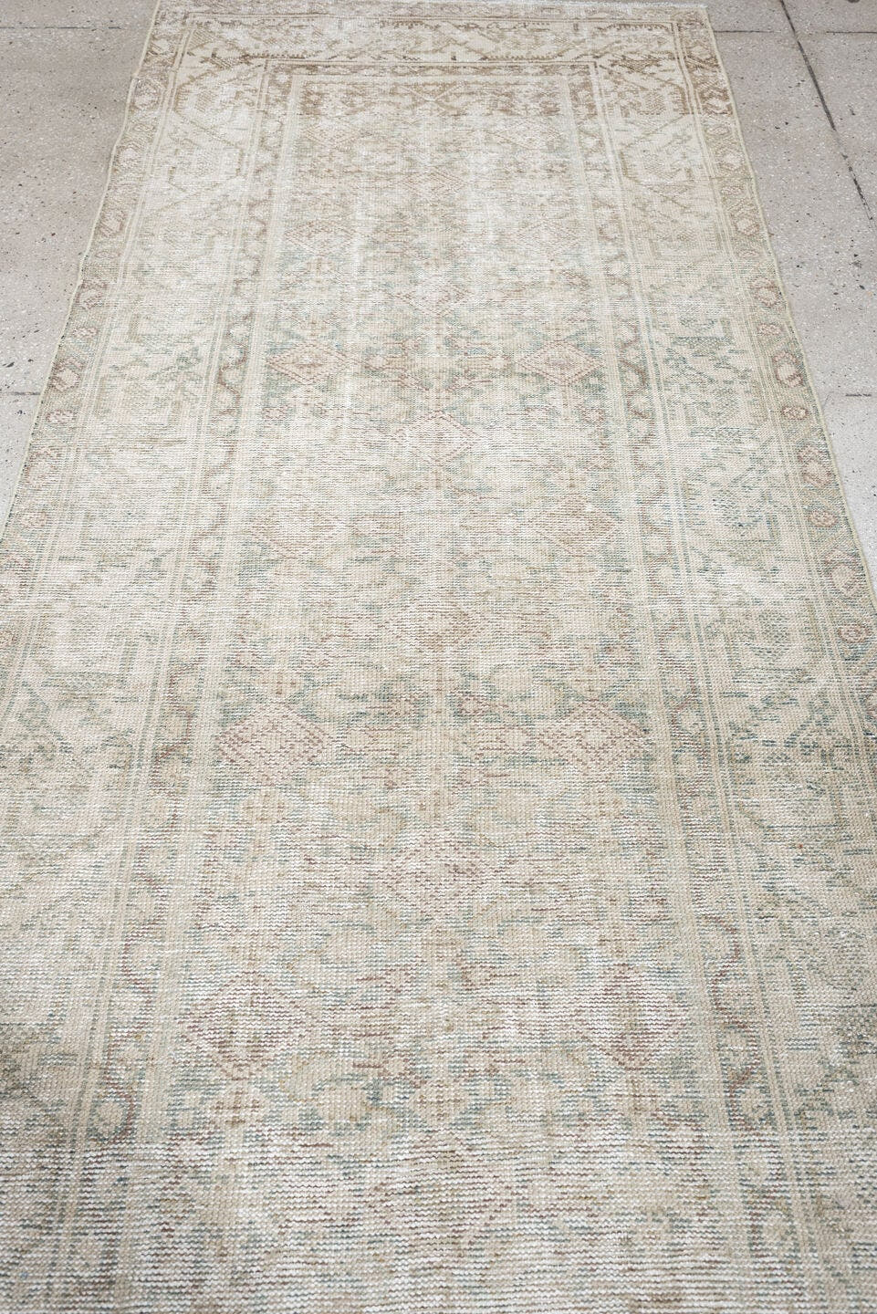 3' x 10' one-of-a-kind handmade antique Mahal runner rug. Color palette: ivory, blue gray, taupe, beige, pale sage, blush