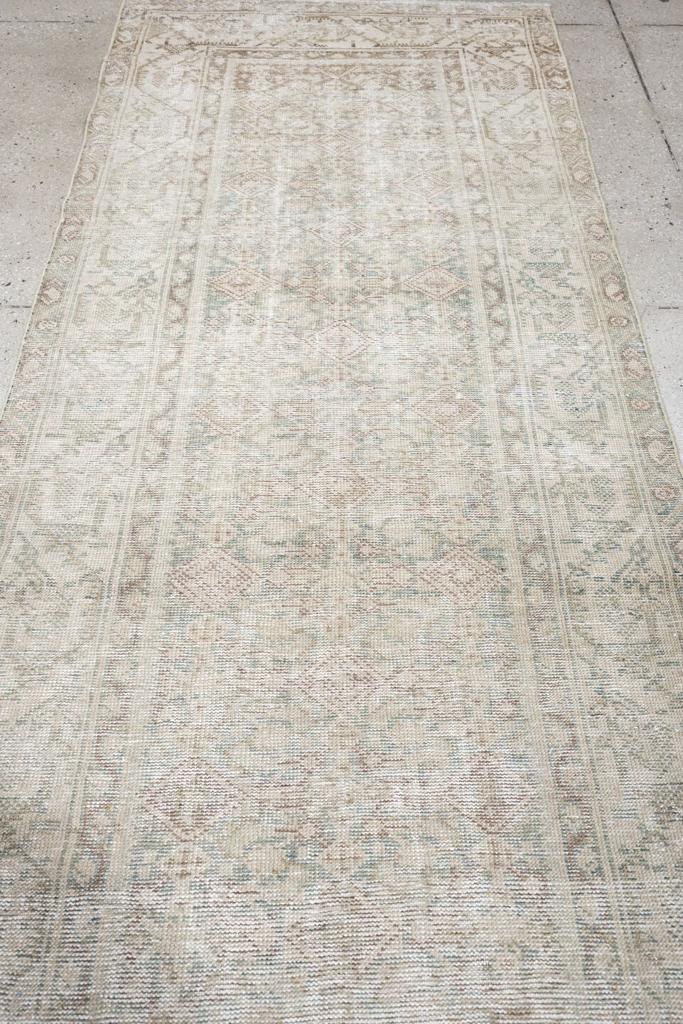 3' x 10' one-of-a-kind handmade antique Mahal runner rug. Color palette: ivory, blue gray, taupe, beige, pale sage, blush