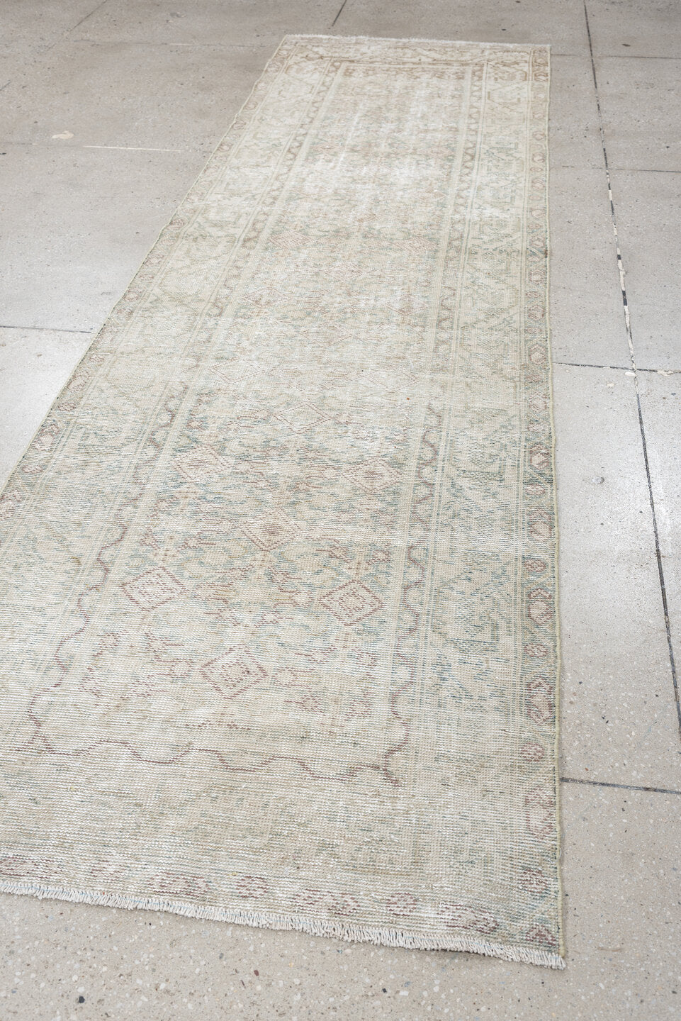 3' x 10' one-of-a-kind handmade antique Mahal runner rug. Color palette: ivory, blue gray, taupe, beige, pale sage, blush