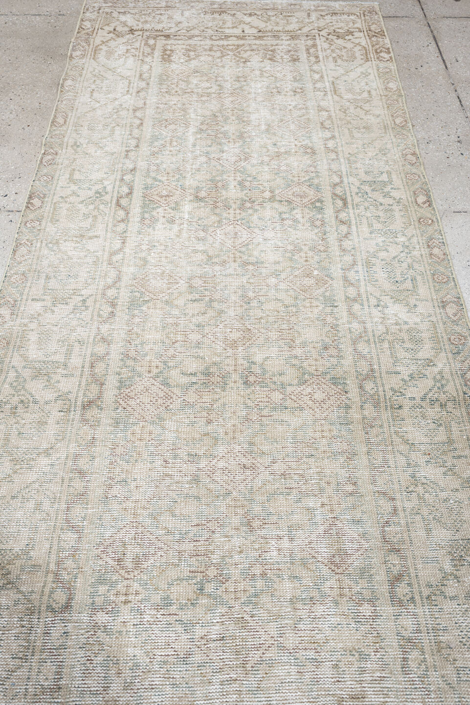 3' x 10' one-of-a-kind handmade antique Mahal runner rug. Color palette: ivory, blue gray, taupe, beige, pale sage, blush