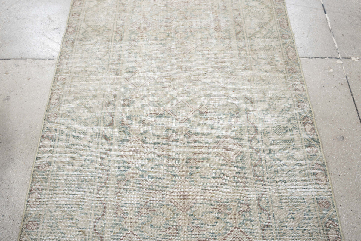 3' x 10' one-of-a-kind handmade antique Mahal runner rug. Color palette: ivory, blue gray, taupe, beige, pale sage, blush