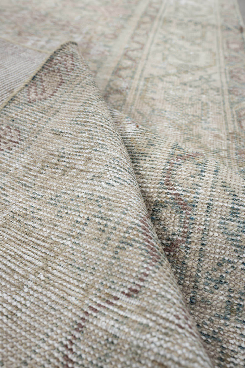 3' x 10' one-of-a-kind handmade antique Mahal runner rug. Color palette: ivory, blue gray, taupe, beige, pale sage, blush