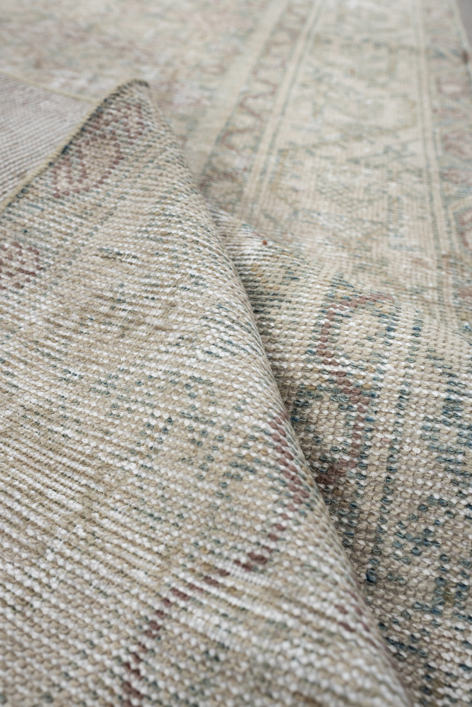 3' x 10' one-of-a-kind handmade antique Mahal runner rug. Color palette: ivory, blue gray, taupe, beige, pale sage, blush