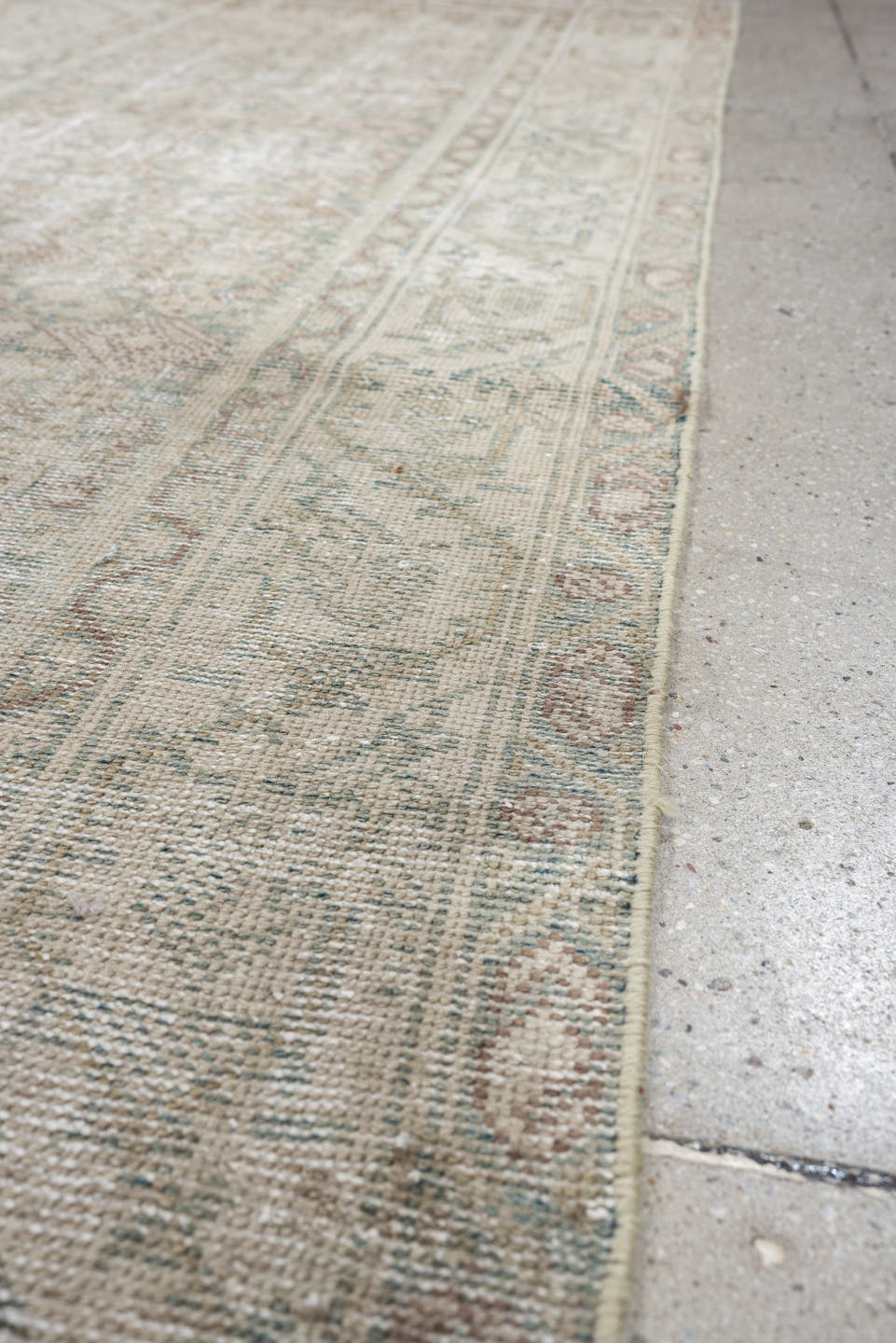 3' x 10' one-of-a-kind handmade antique Mahal runner rug. Color palette: ivory, blue gray, taupe, beige, pale sage, blush