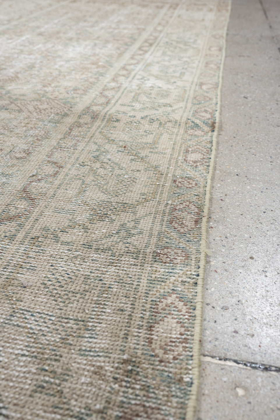 3' x 10' one-of-a-kind handmade antique Mahal runner rug. Color palette: ivory, blue gray, taupe, beige, pale sage, blush
