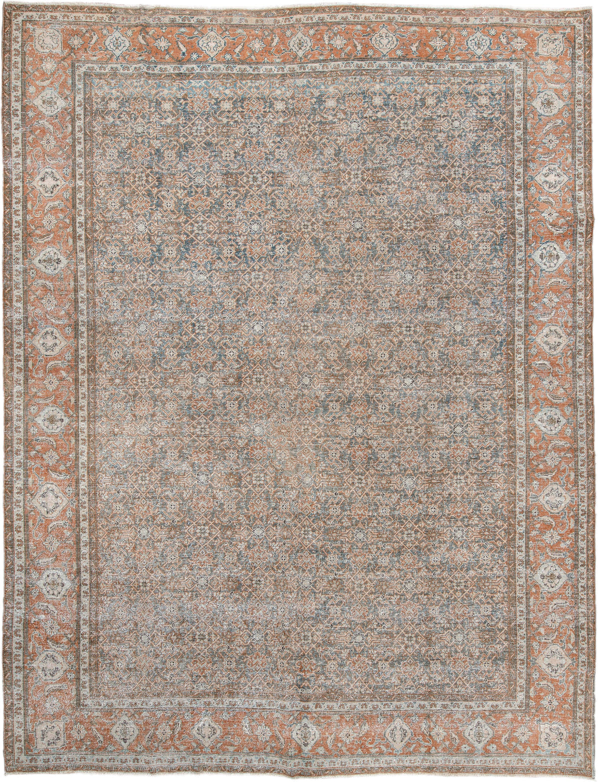 10' x 12' one-of-a-kind handmade antique Mahal large size rug. Color palette: blue gray, terracotta, ivory, taupe, charcoal