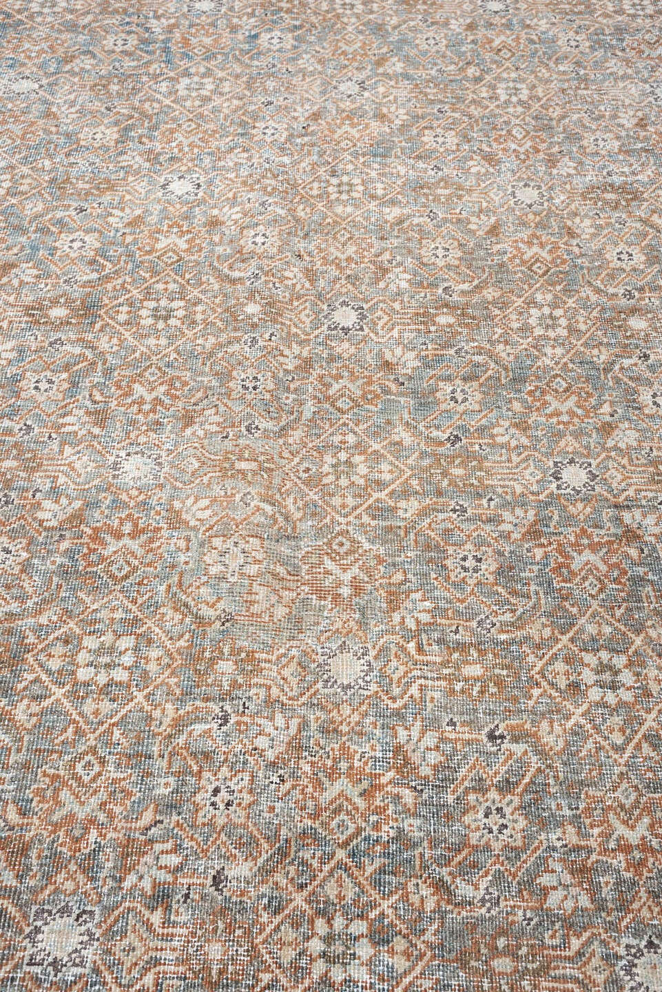 10' x 12' one-of-a-kind handmade antique Mahal large size rug. Color palette: blue gray, terracotta, ivory, taupe, charcoal