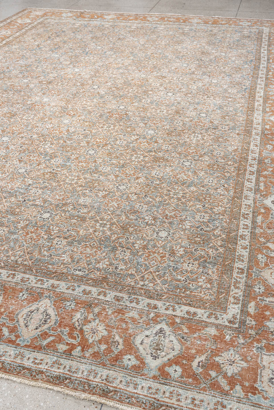 10' x 12' one-of-a-kind handmade antique Mahal large size rug. Color palette: blue gray, terracotta, ivory, taupe, charcoal