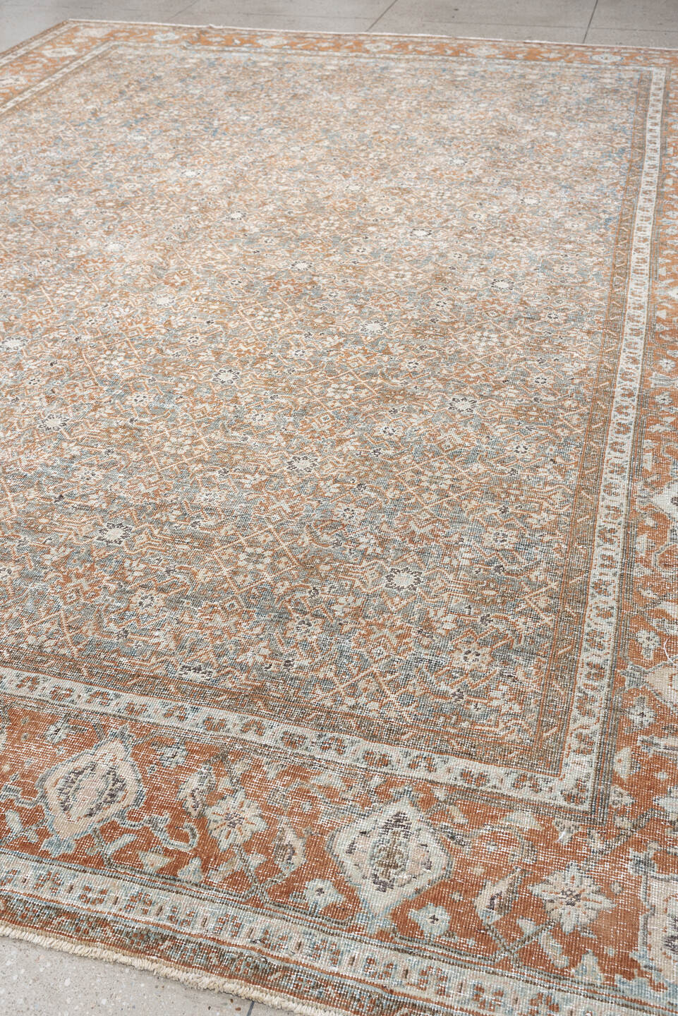 10' x 12' one-of-a-kind handmade antique Mahal large size rug. Color palette: blue gray, terracotta, ivory, taupe, charcoal