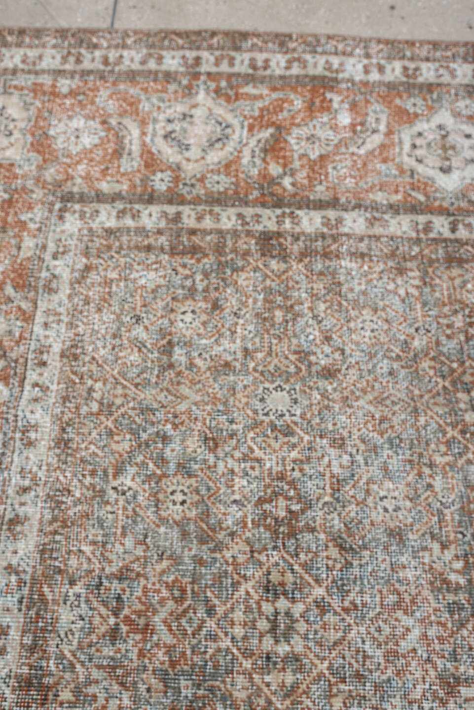 10' x 12' one-of-a-kind handmade antique Mahal large size rug. Color palette: blue gray, terracotta, ivory, taupe, charcoal
