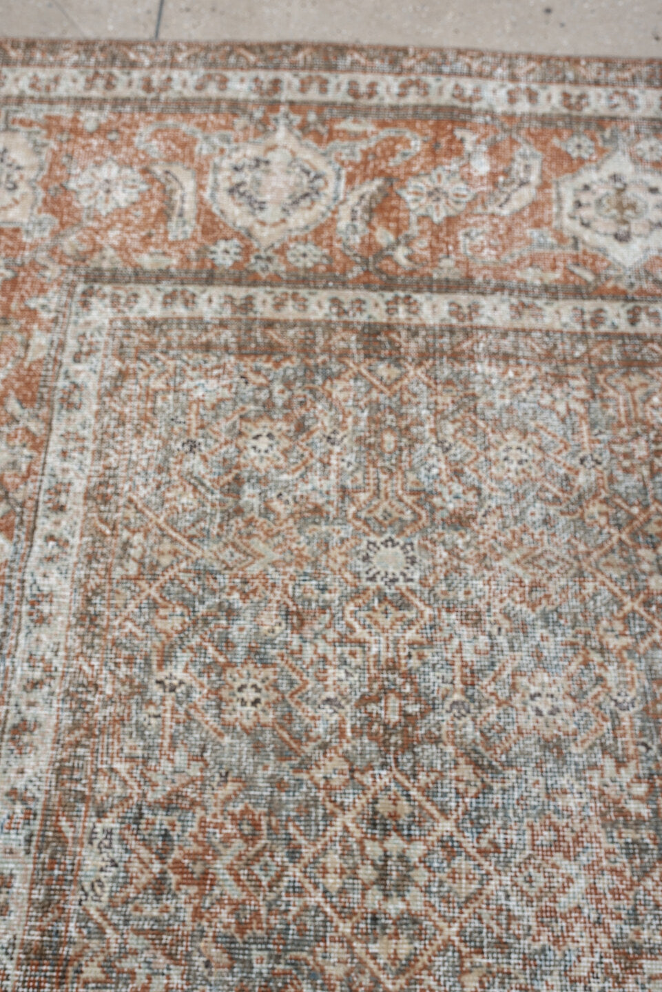 10' x 12' one-of-a-kind handmade antique Mahal large size rug. Color palette: blue gray, terracotta, ivory, taupe, charcoal
