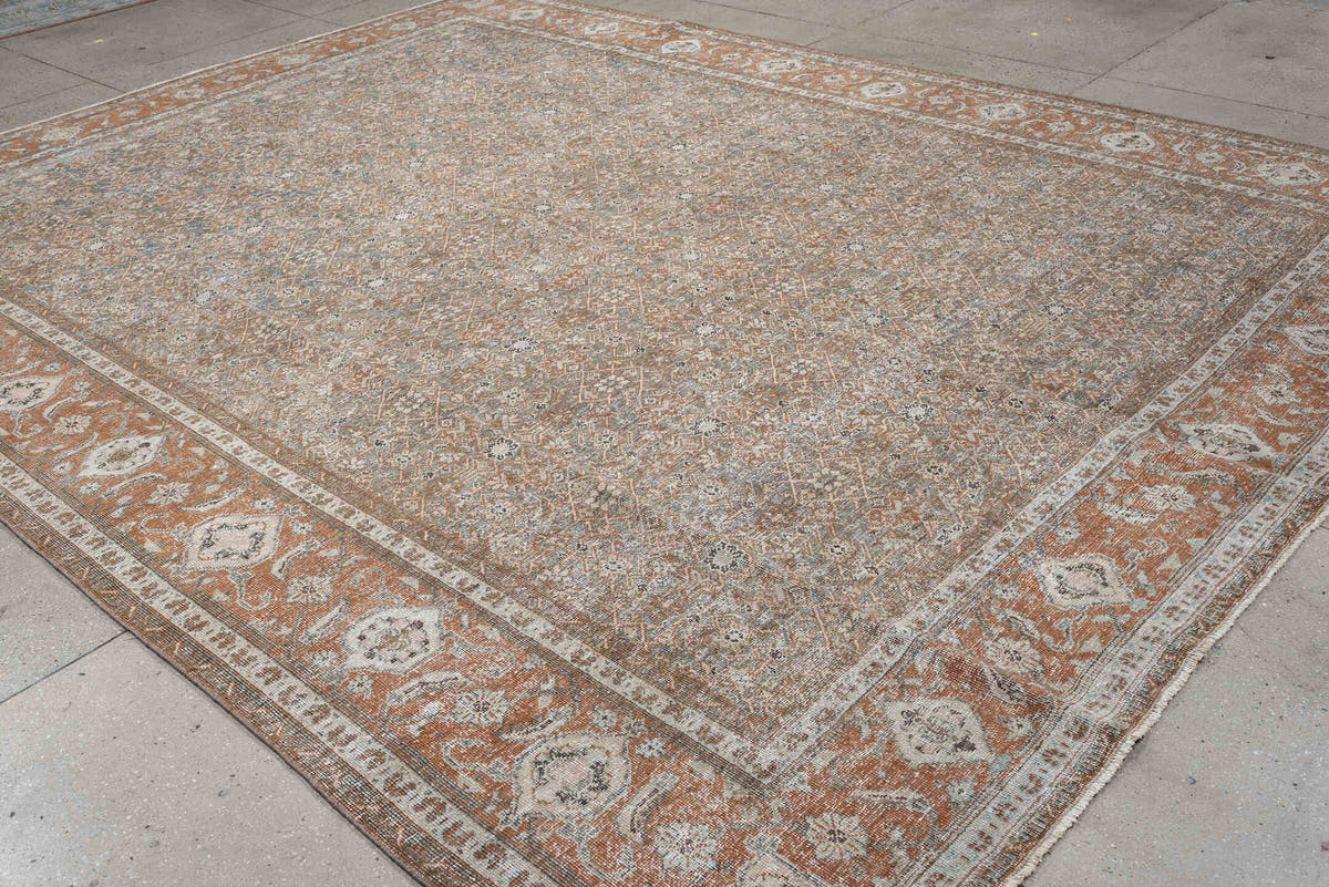 10' x 12' one-of-a-kind handmade antique Mahal large size rug. Color palette: blue gray, terracotta, ivory, taupe, charcoal