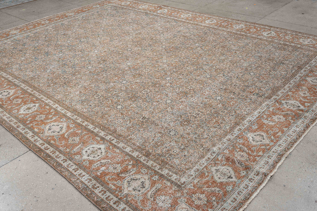 10' x 12' one-of-a-kind handmade antique Mahal large size rug. Color palette: blue gray, terracotta, ivory, taupe, charcoal