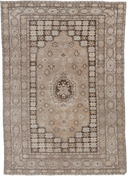 5' x 7' one-of-a-kind handmade antique Kurd rug. Color palette: taupe, ivory, charcoal, camel, beige, brown, gray, black