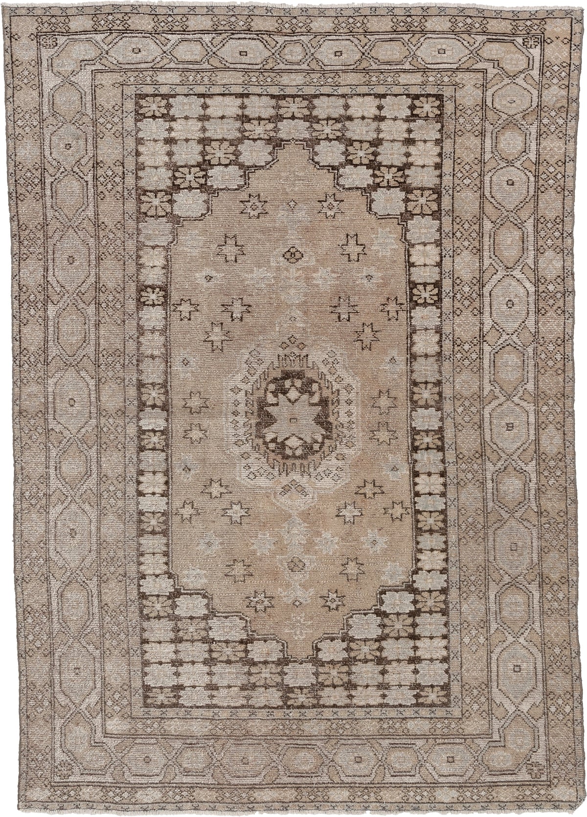5' x 7' one-of-a-kind handmade antique Kurd rug. Color palette: taupe, ivory, charcoal, camel, beige, brown, gray, black