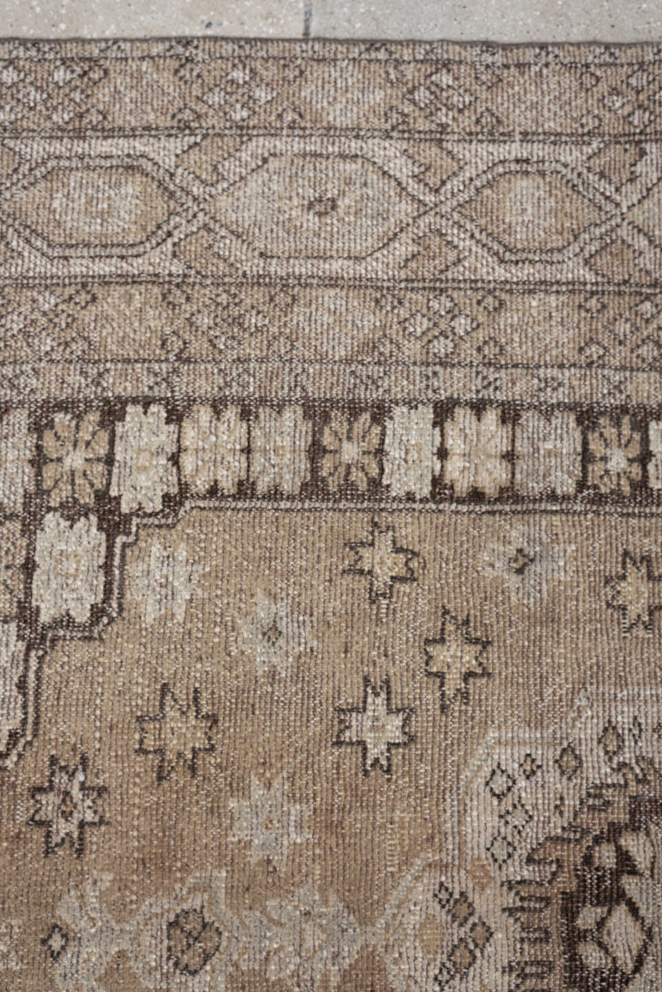 5' x 7' one-of-a-kind handmade antique Kurd rug. Color palette: taupe, ivory, charcoal, camel, beige, brown, gray, black