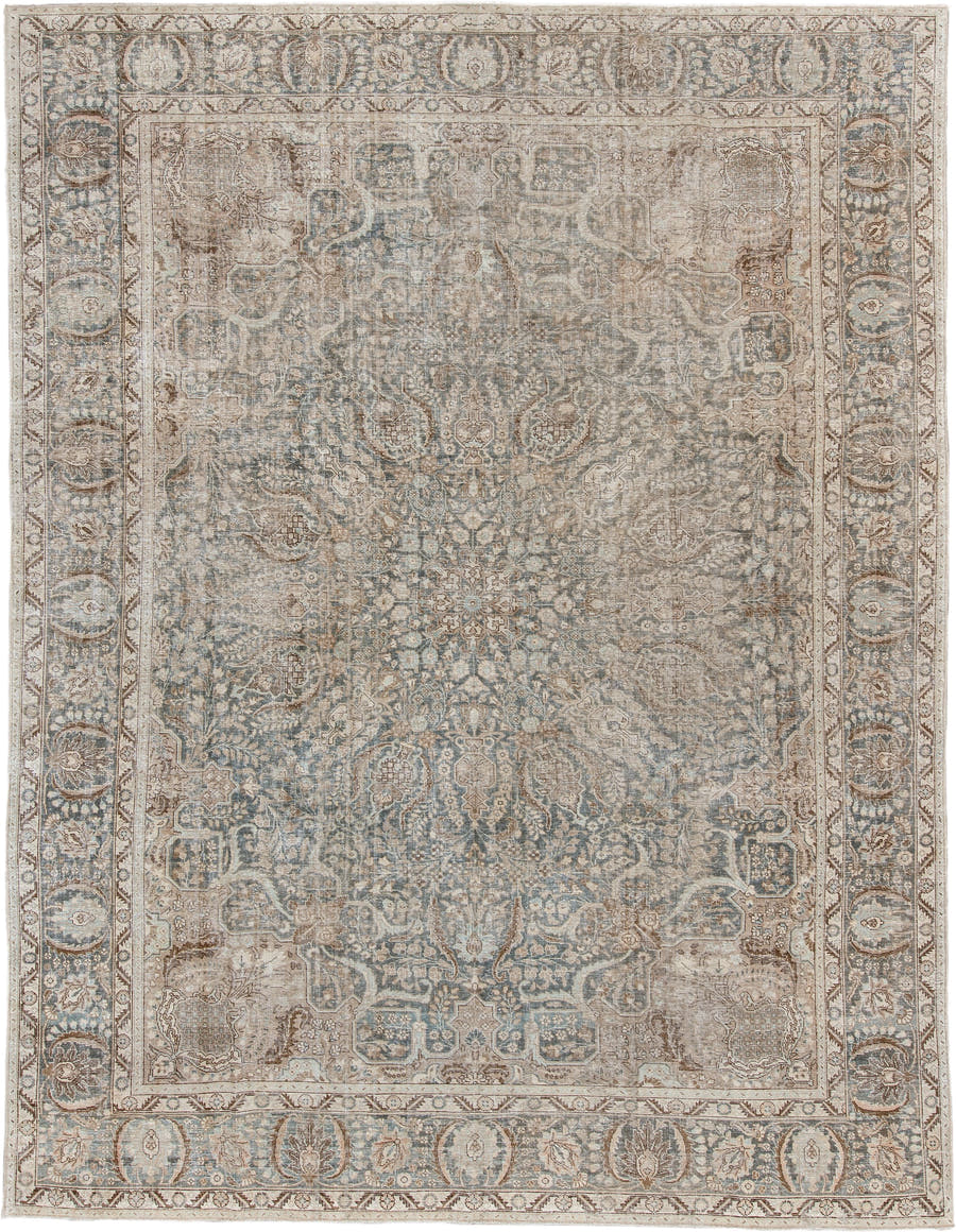 9' x 12' one-of-a-kind handmade antique Tabriz large size rug. Color palette: blue gray, ivory, taupe, beige, brown