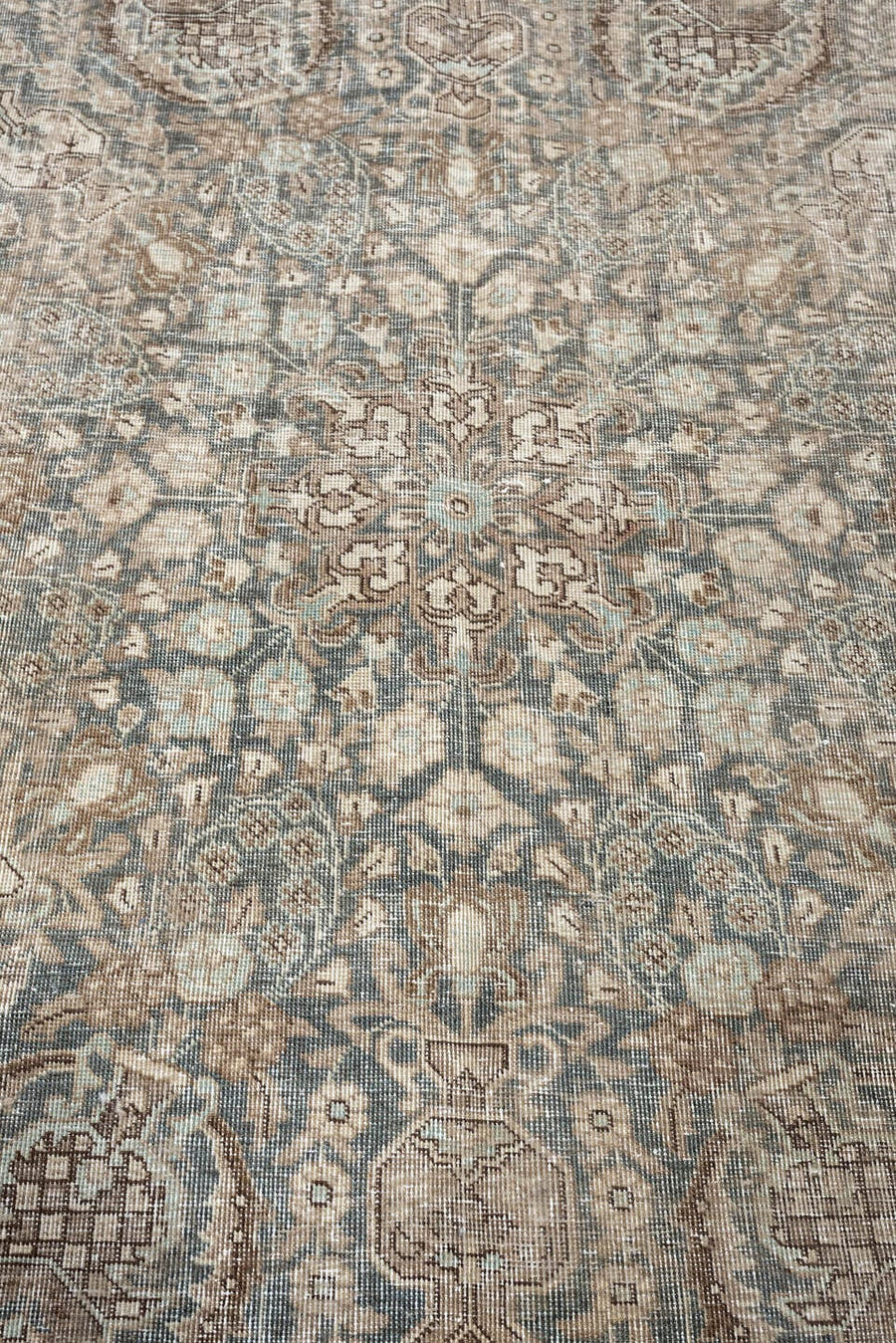 9' x 12' one-of-a-kind handmade antique Tabriz large size rug. Color palette: blue gray, ivory, taupe, beige, brown