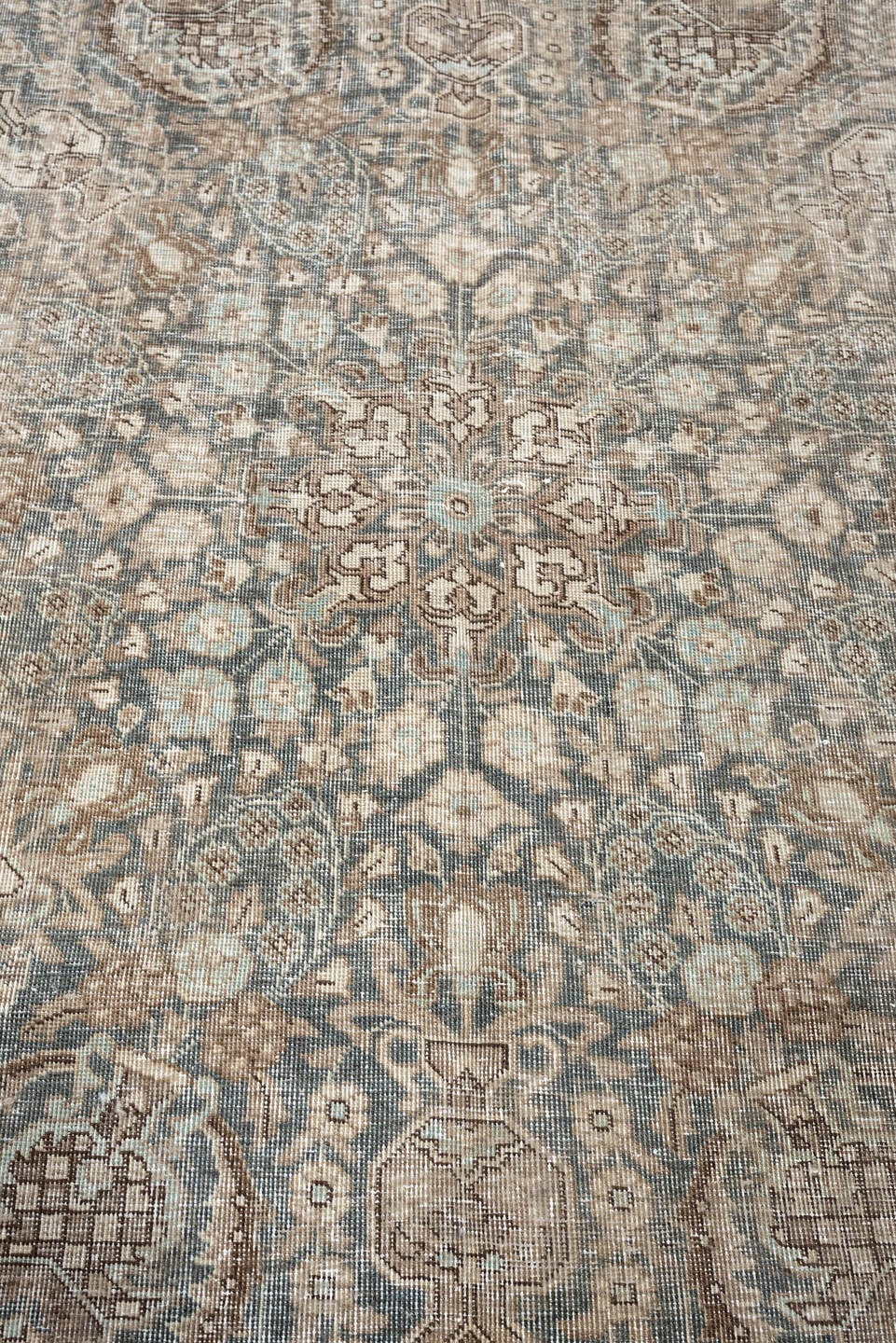 9' x 12' one-of-a-kind handmade antique Tabriz large size rug. Color palette: blue gray, ivory, taupe, beige, brown