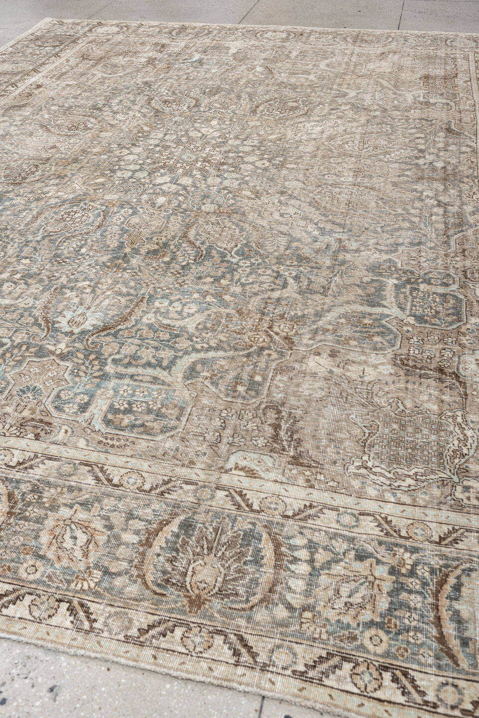 9' x 12' one-of-a-kind handmade antique Tabriz large size rug. Color palette: blue gray, ivory, taupe, beige, brown