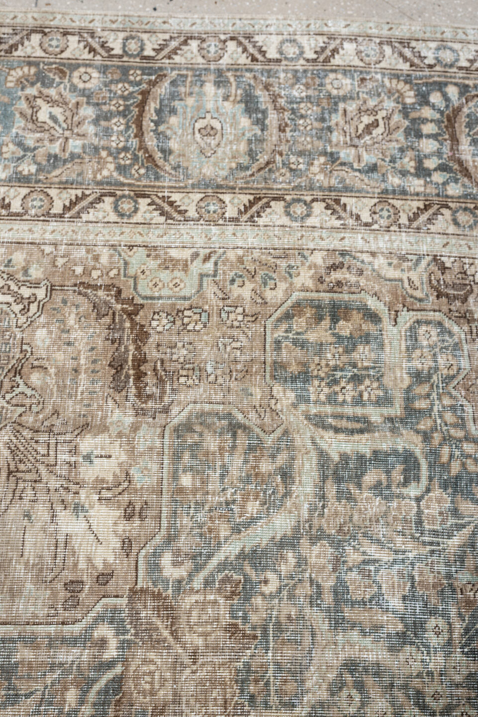 9' x 12' one-of-a-kind handmade antique Tabriz large size rug. Color palette: blue gray, ivory, taupe, beige, brown