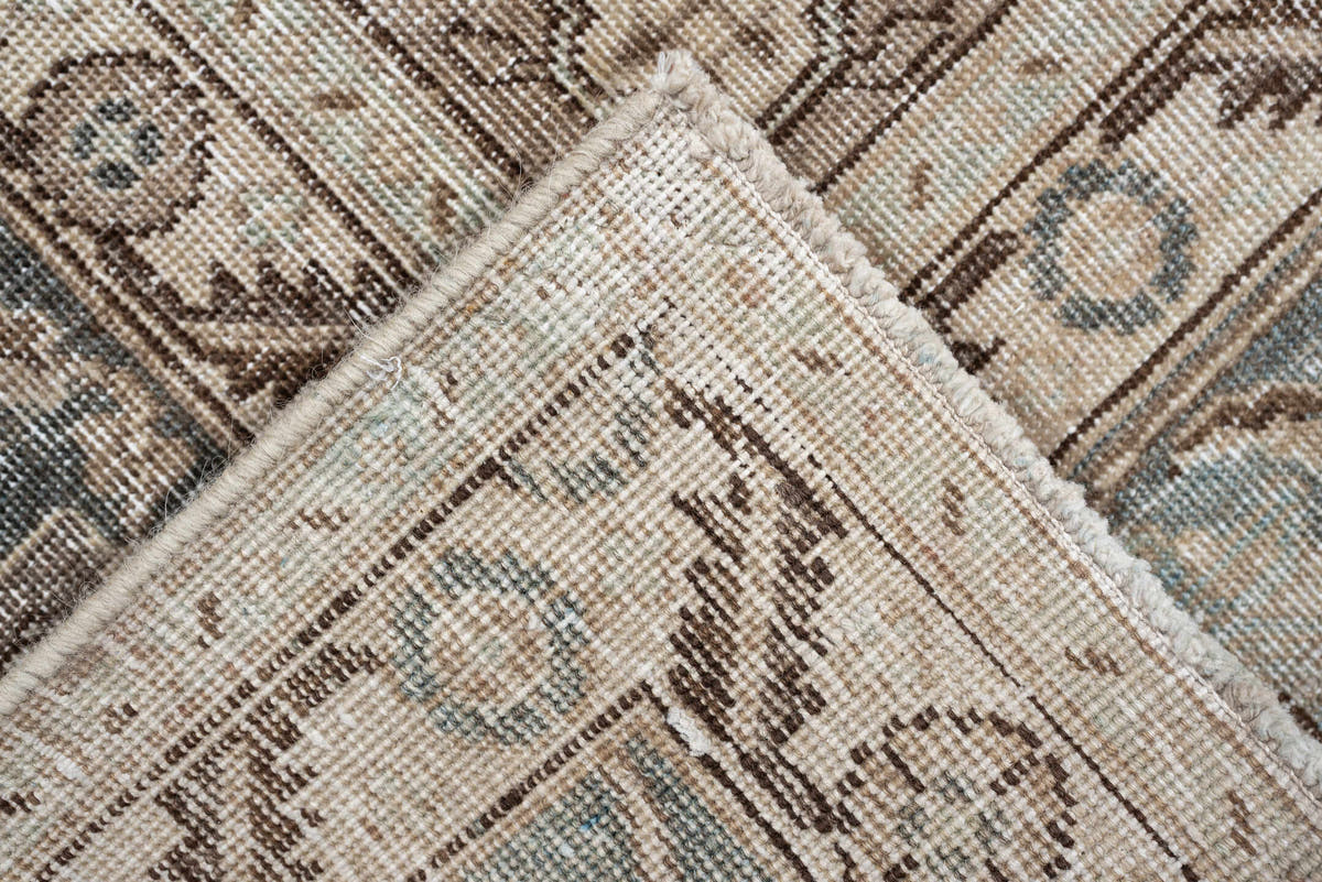 9' x 12' one-of-a-kind handmade antique Tabriz large size rug. Color palette: blue gray, ivory, taupe, beige, brown