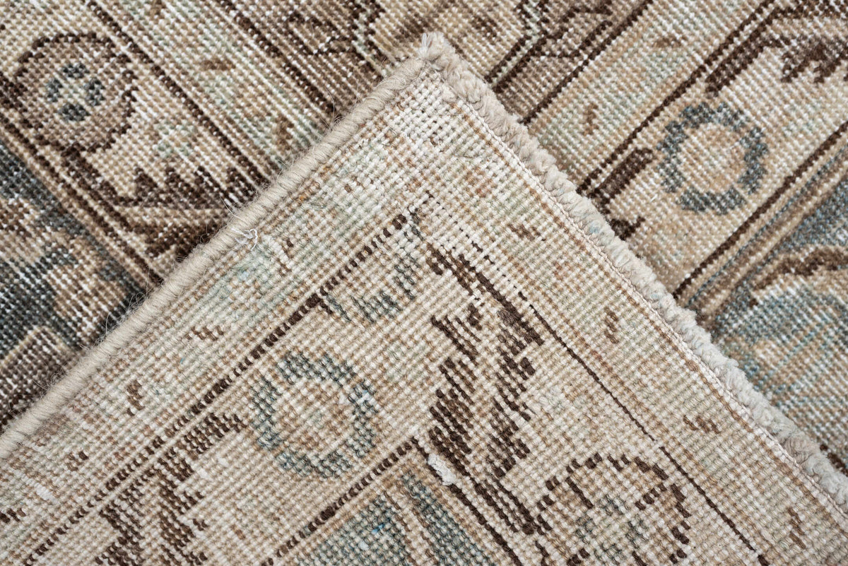 9' x 12' one-of-a-kind handmade antique Tabriz large size rug. Color palette: blue gray, ivory, taupe, beige, brown