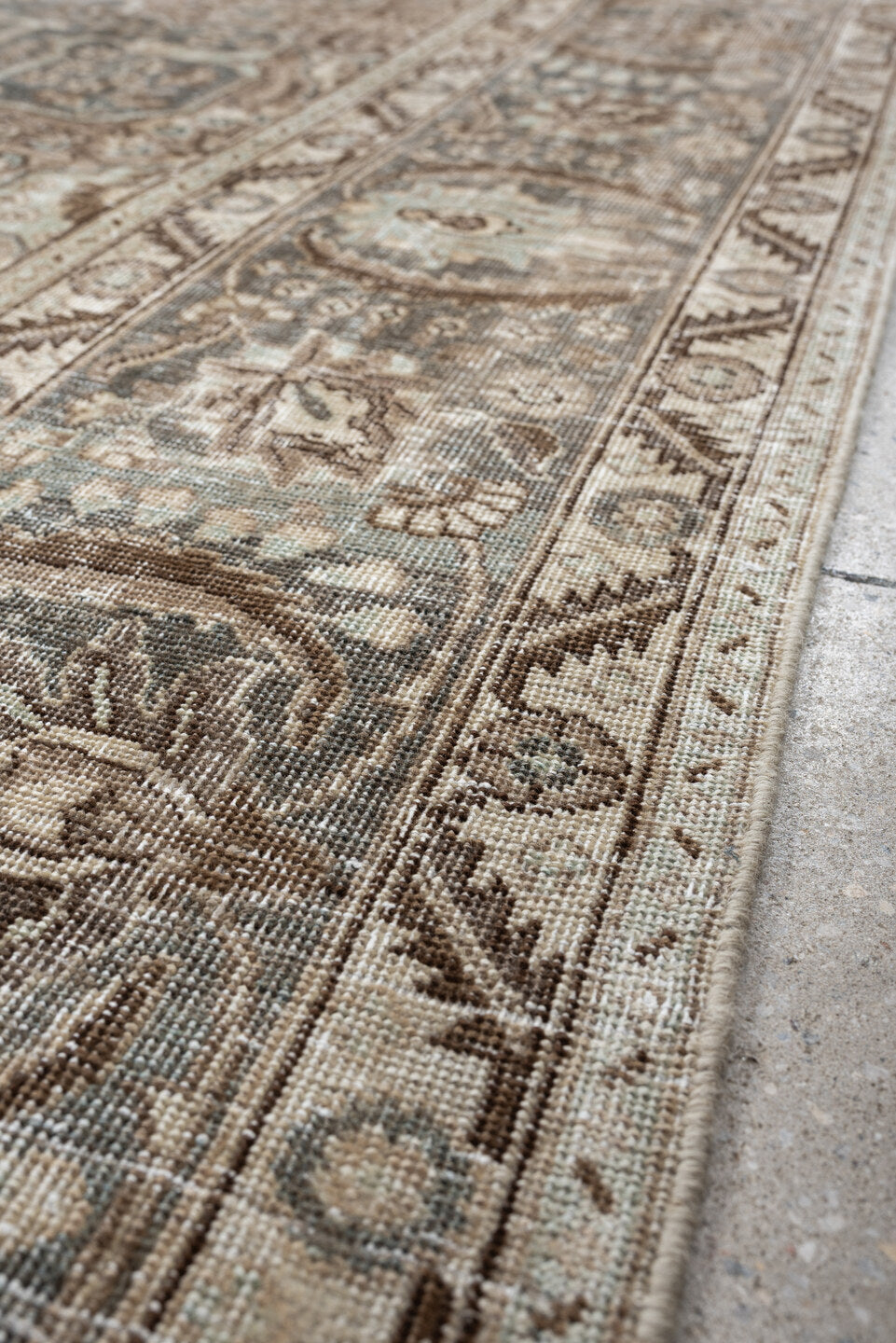 9' x 12' one-of-a-kind handmade antique Tabriz large size rug. Color palette: blue gray, ivory, taupe, beige, brown